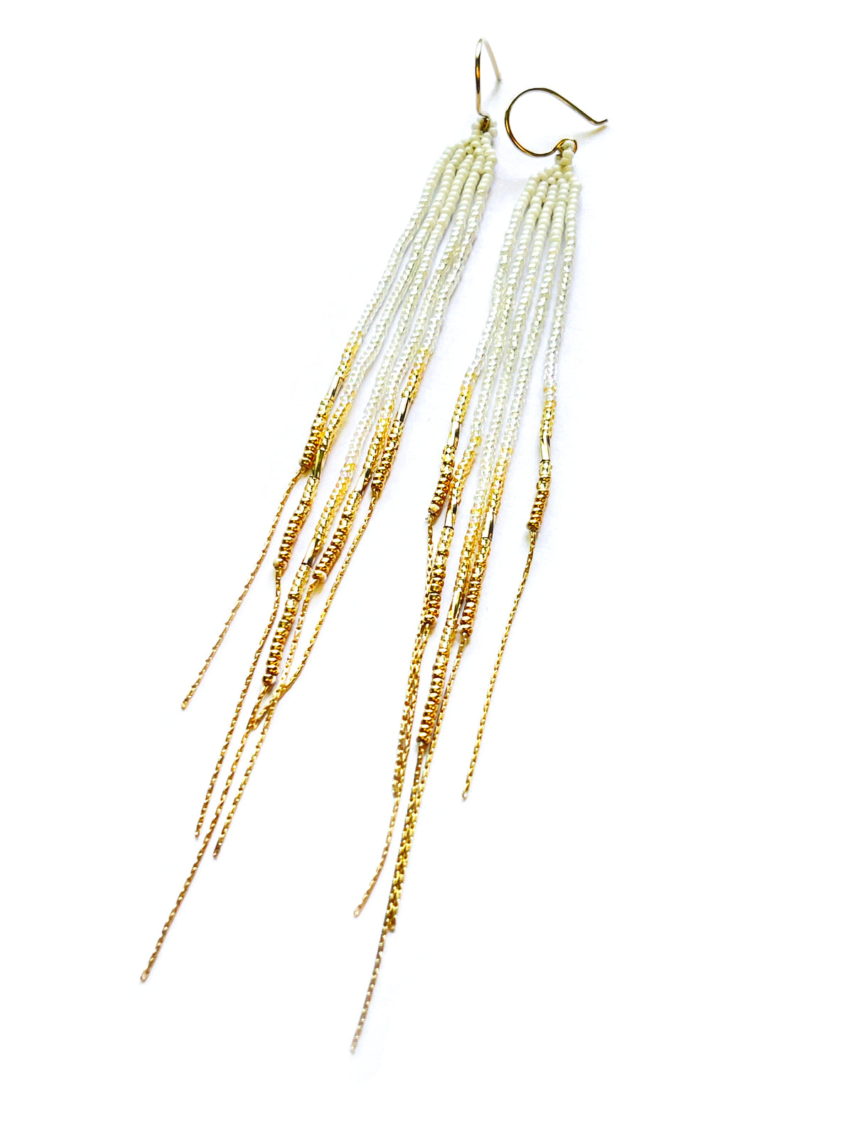 Pop-Up Mākeke - Maui Swan Designs - 6” Glass beaded earrings with 14k Gold filled beads &amp; chain fringe - White