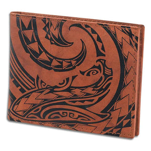 Pop-Up Mākeke - Na Koa - Tribal Shark Tattoo Bifold Leather Wallet - Bourbon