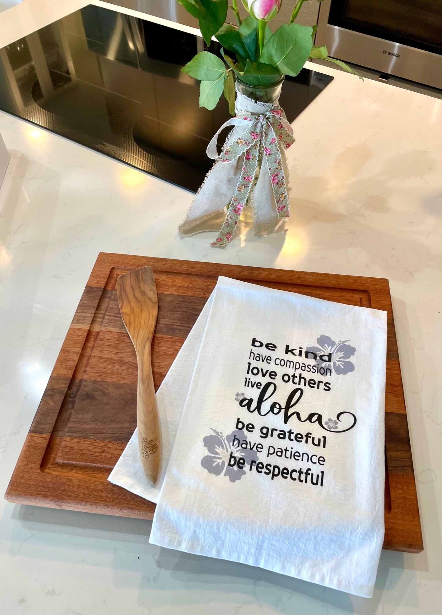 Pop-Up Mākeke - Sal Terrae - Flour Sack Kitchen Towel - Be Kind, Live Aloha - In Use