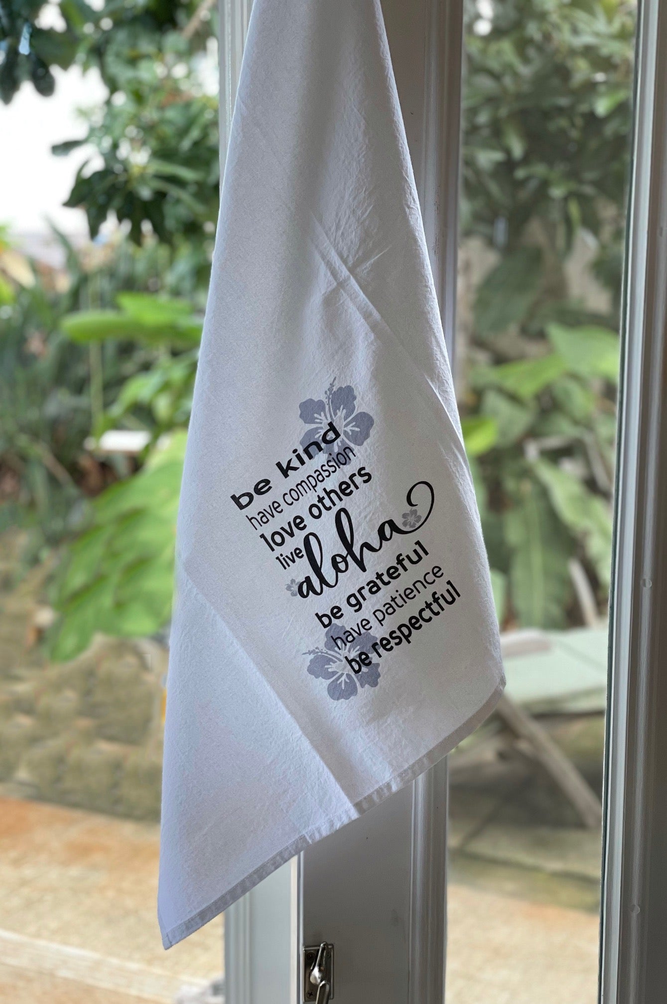 Pop-Up Mākeke - Sal Terrae - Flour Sack Kitchen Towel - Be Kind, Live Aloha - In Use
