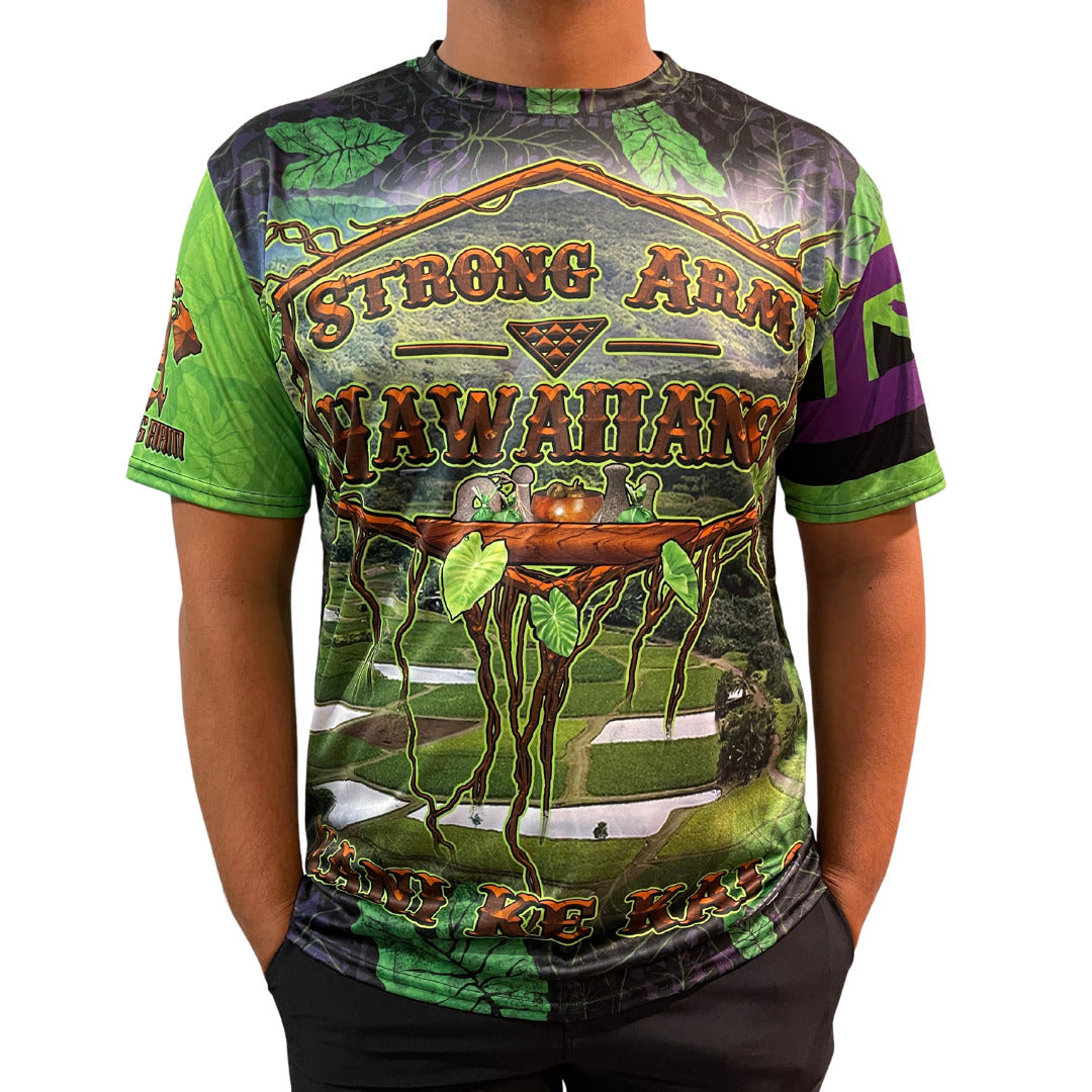 Pop-Up Mākeke - Strongarm Hawaiians - Hāloa Sublimation Shirt - Front View - On Model