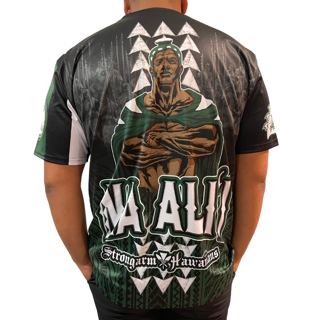 Pop-Up Mākeke - Strongarm Hawaiians - Nā Aliʻi Sublimation Shirt - Back View - On Model
