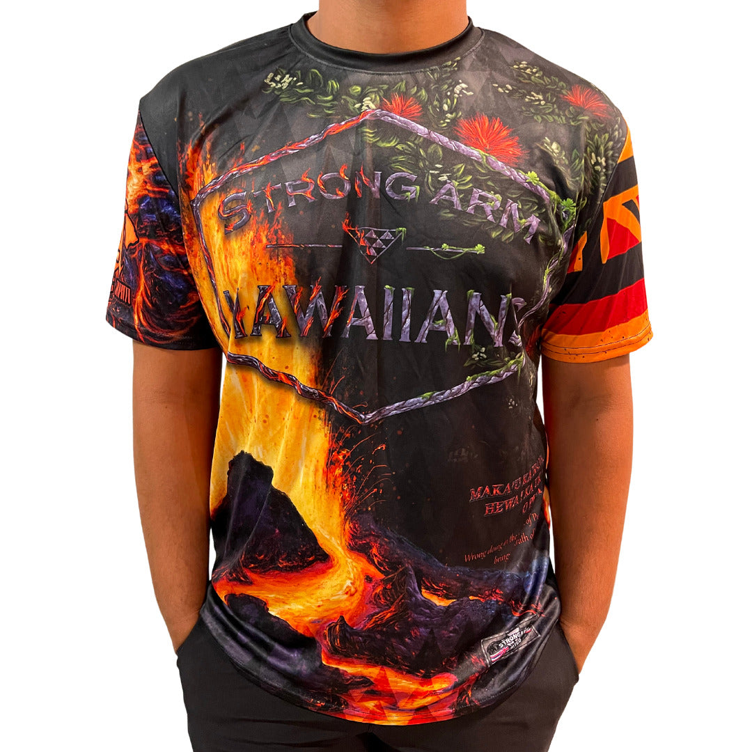 Pop-Up Mākeke - Strongarm Hawaiians - Pele Sublimation Shirt - Front View - On Model