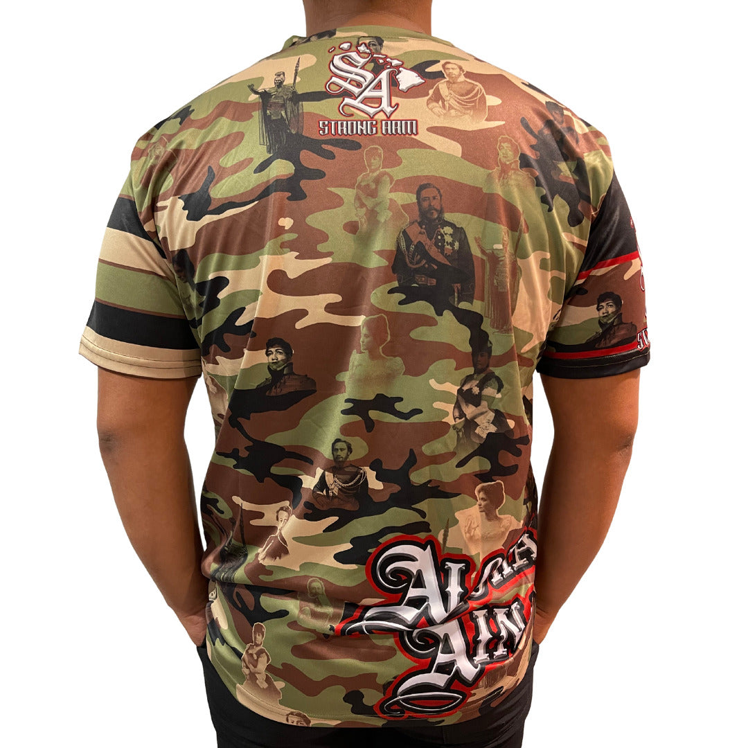 Pop-Up Mākeke - Strongarm Hawaiians - Royal Camo Sublimation Shirt - Back View - On Model