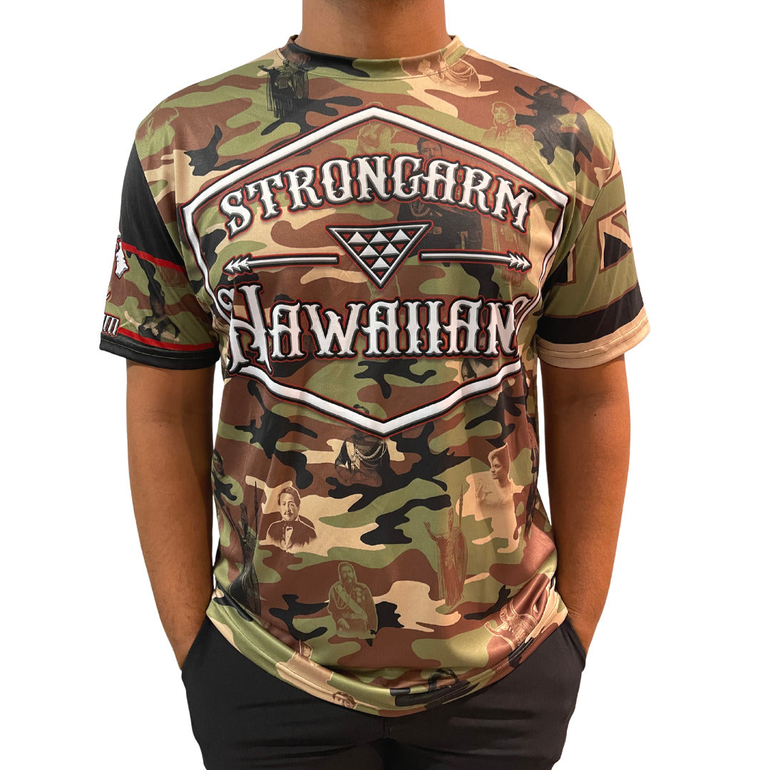Pop-Up Mākeke - Strongarm Hawaiians - Royal Camo Sublimation Shirt - Front View - On Model