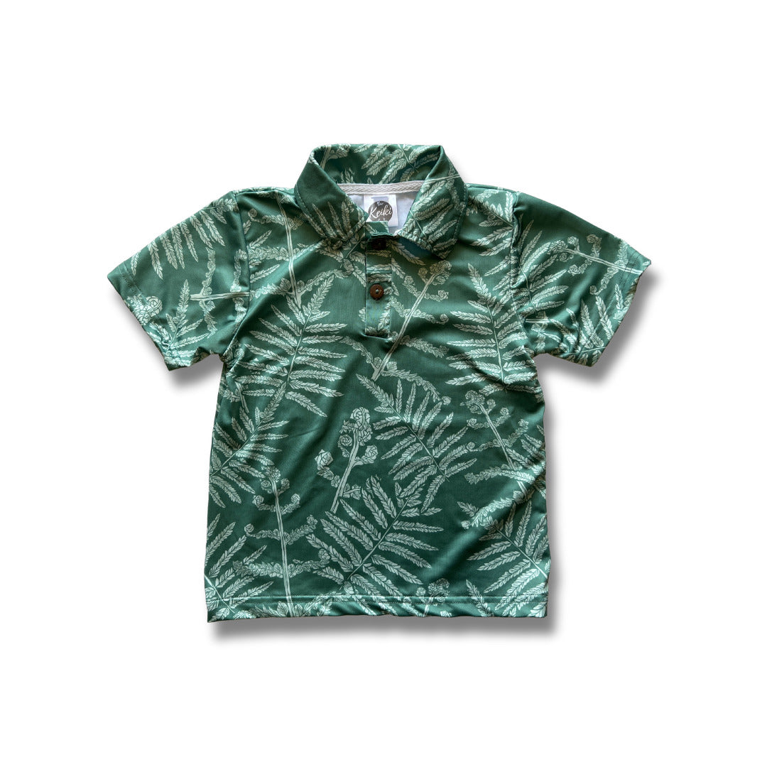 Pop-Up Mākeke - The Keiki Department - Kalei Keiki Athletic Polo Shirt - Neke Fern in Green - Front View
