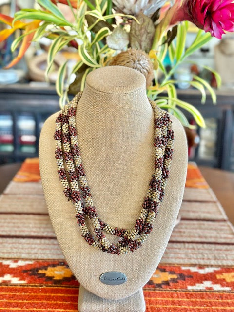 Brown Picasso Segmented Kumihimo with Red Dragon Scale Necklace Lei  - 30&quot;