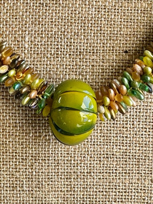 Green & Gold Hawaiian Lilikoi Lei Necklace with Lamp Work Bead