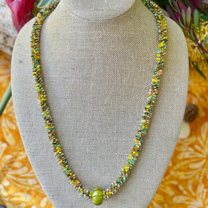 Green & Gold Hawaiian Lilikoi Lei Necklace with Lamp Work Bead
