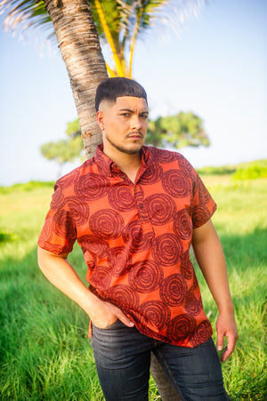 Men's Pullover Aloha Shirt (Espresso Brown Mai'a Stumps on Rust)