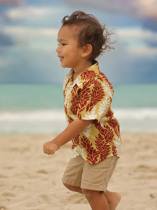 Keiki Aloha Shirt - Awapuhi in Gold & Red