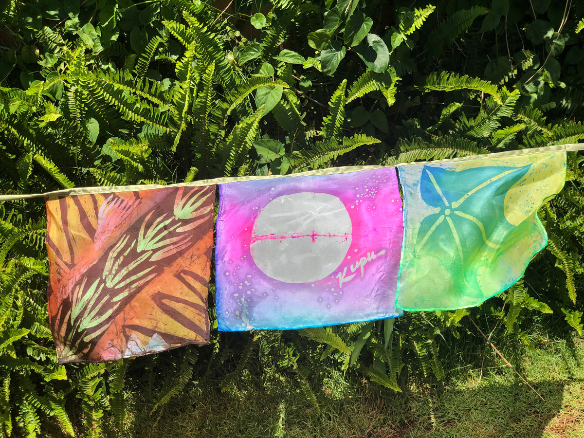 Hae Pule Aloha (Prayer Flags) - Kukui (light)- Kukunaokalā (native mangroove flower), Mahina (moon), Lau Kukui (kukui tree Leaves)