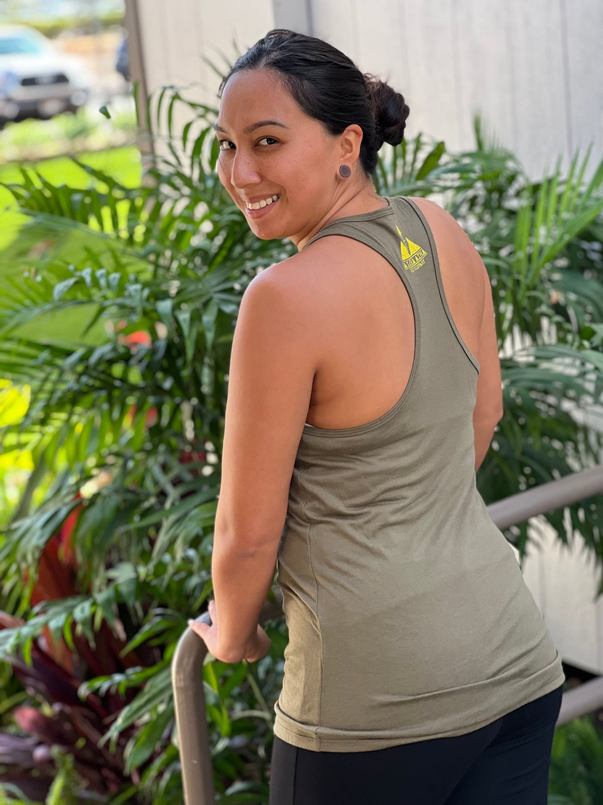 Pop-Up Mākeke - Aloha Aina Poi Co. - Poi Bag Label Women's Racerback Tank Top - Military Green - Back View