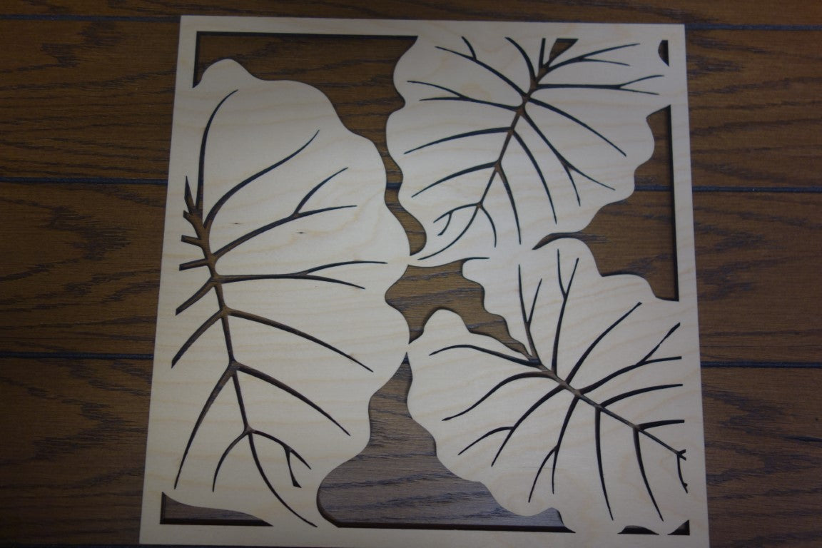Pop-Up Mākeke - Aloha Overstock - Laser Cut 12 Inch Square Triple Kalo Wood Panel - Front View