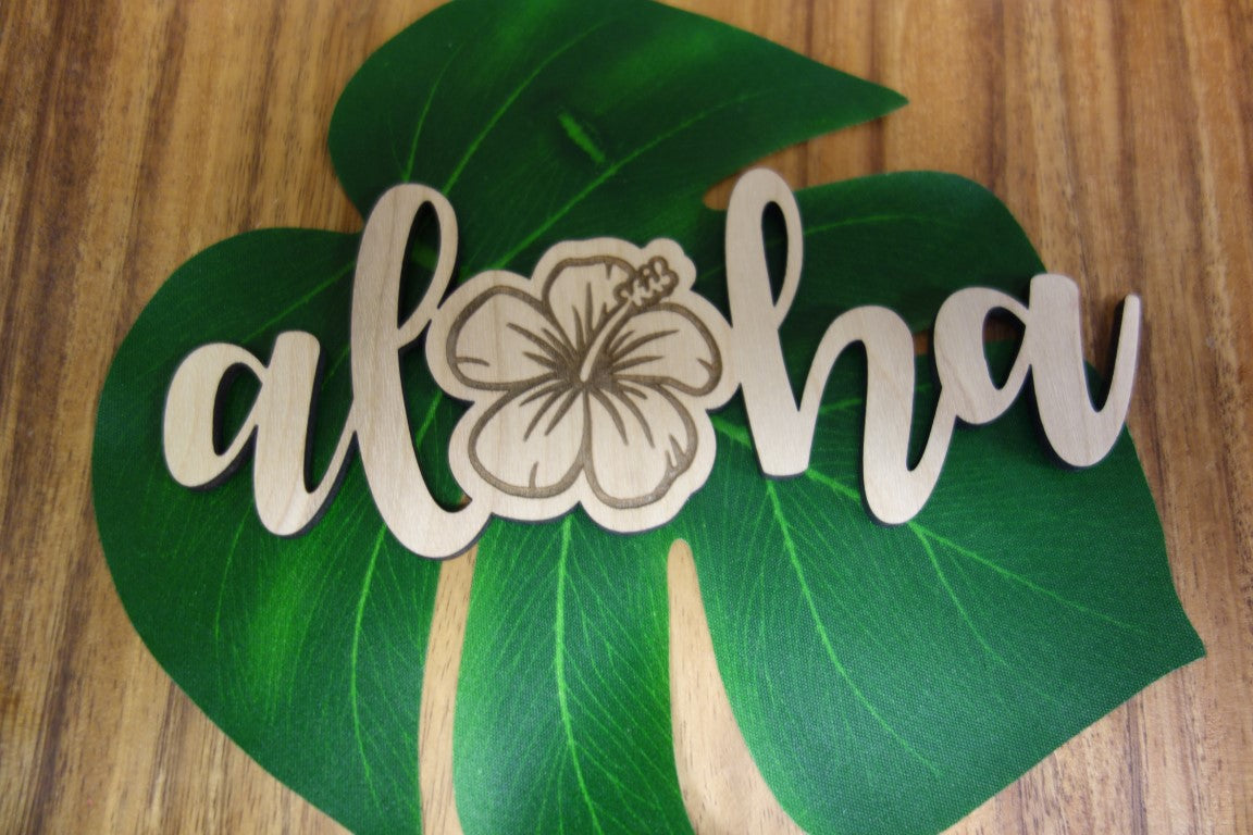 Pop-Up Mākeke - Aloha Overstock - Laser Cut Aloha Hibiscus Wood Cutout - Front View