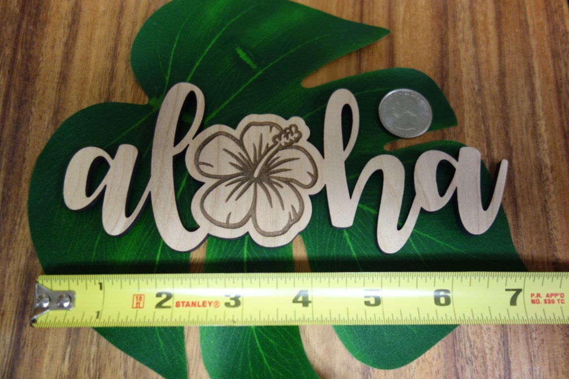 Pop-Up Mākeke - Aloha Overstock - Laser Cut Aloha Hibiscus Wood Cutout - Measurements