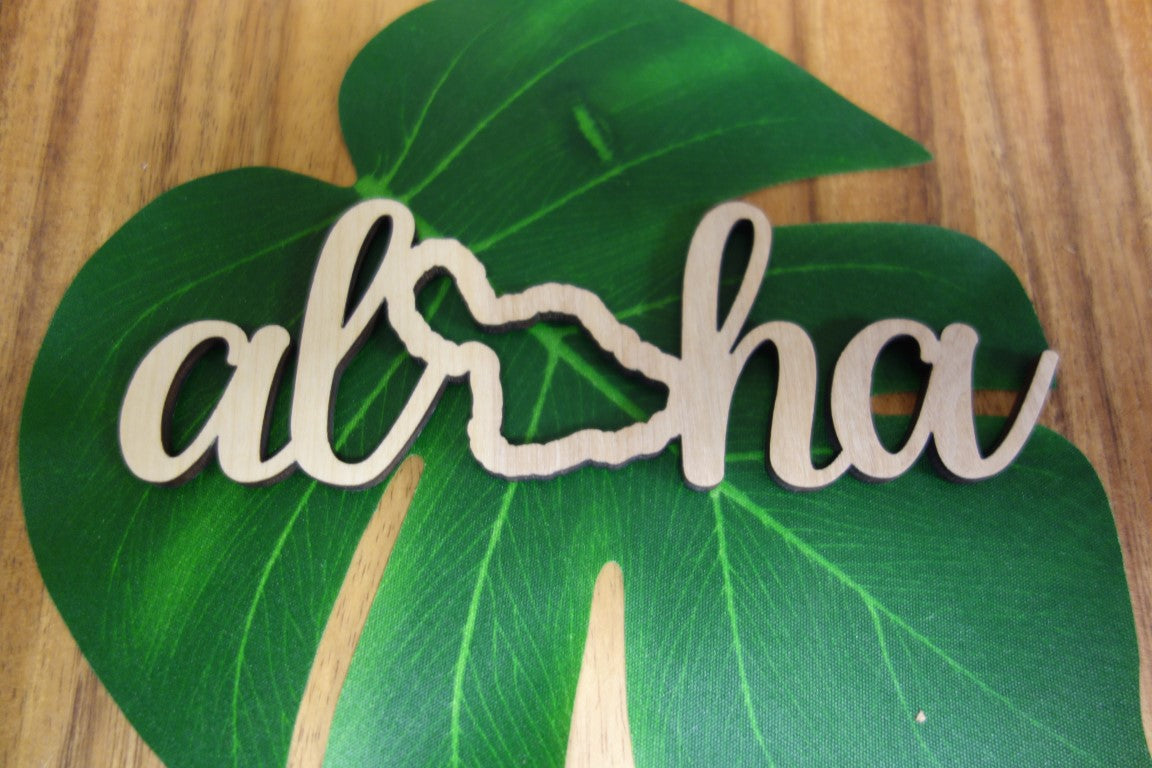 Pop-Up Mākeke - Aloha Overstock - Laser Cut Aloha Maui Wood Cutout - Front View