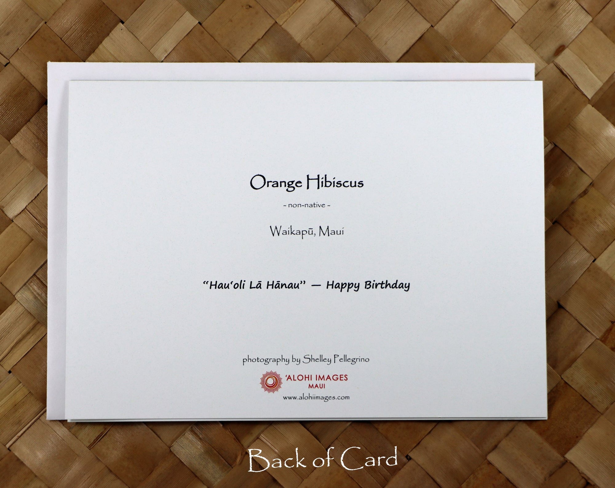 Pop-Up Mākeke - Alohi Images Maui - Hau‘oli Lā Hānau (Happy Birthday) Blank Greeting Card - Orange Hibiscus - Back View
