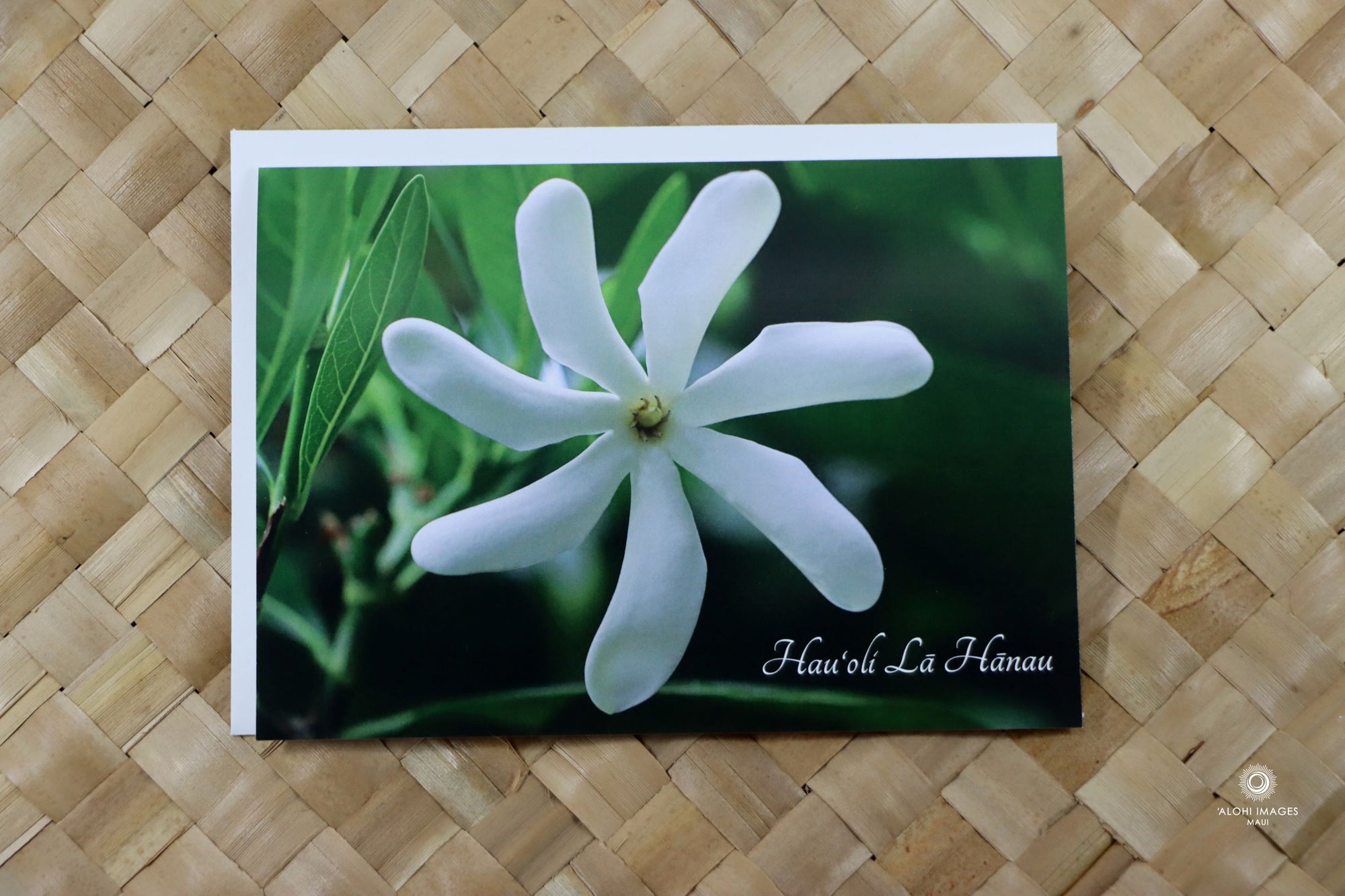 Pop-Up Mākeke - Alohi Images Maui - Hau‘oli Lā Hānau (Happy Birthday) Blank Greeting Card - Tahitian Gardenia - Front View