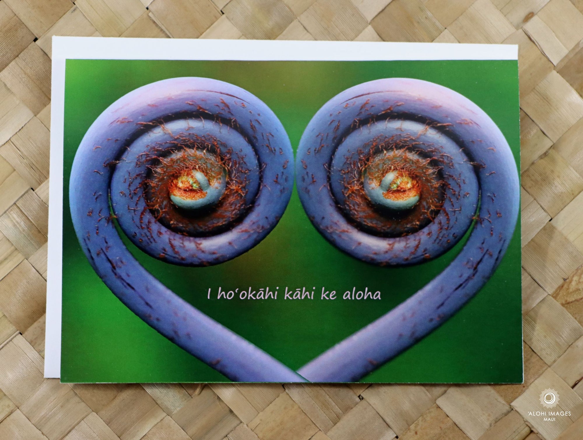 Pop-Up Mākeke - Alohi Images Maui - Uluhe (fern) - WeddingAnniversary Greeting Card - Be One in Love - Front View