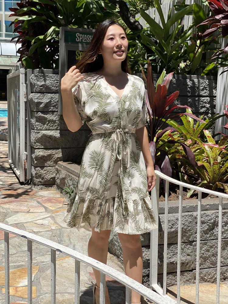 Pop-Up Mākeke - Angels by the Sea Hawaii - Alana Leaves Short Dress - Olive - Front View