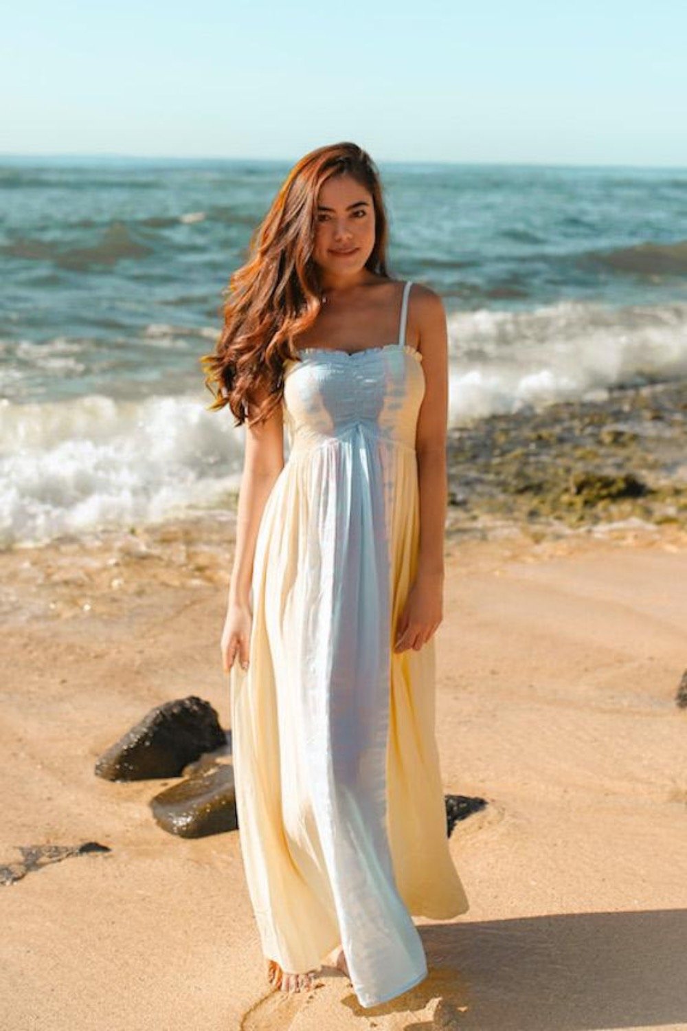 Pop-Up Mākeke - Angels by the Sea Hawaii - Kula Long Dress in Bold - Yellow - On the Beach