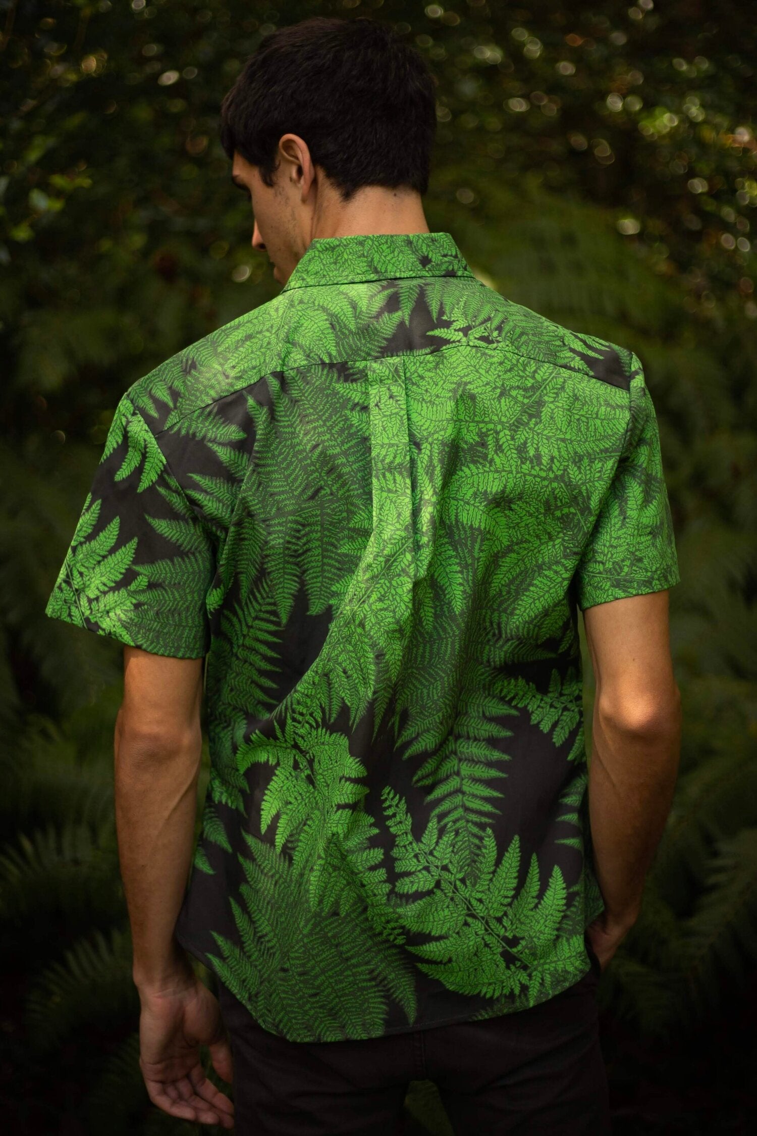 Pop-Up Mākeke - David Shepard Hawaii - Green Palapalai Fern Men's Aloha Shirt  - Back View