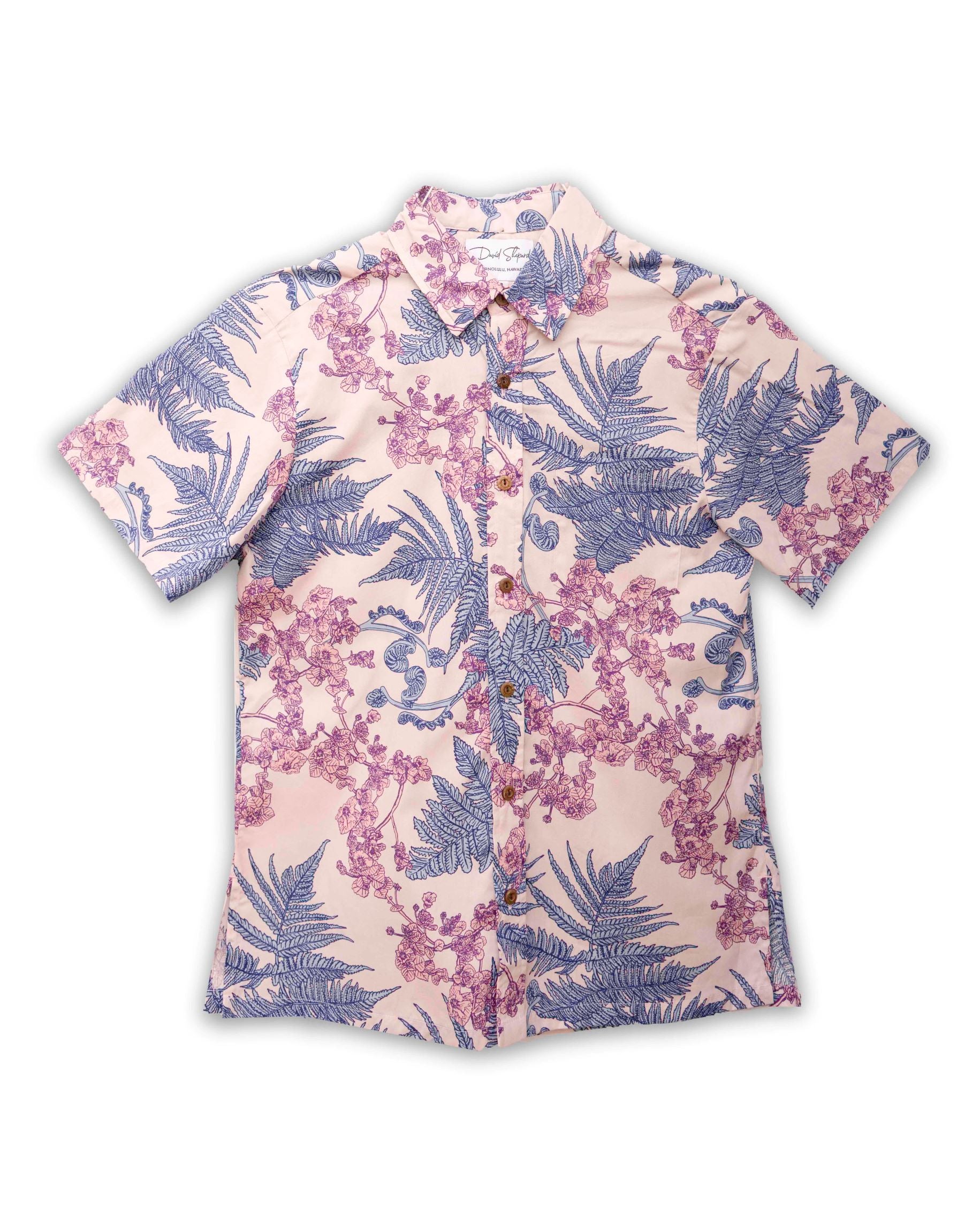 Pop-Up Mākeke - David Shepard Hawaii - Hāpuʻu ʻIlima Mauka to Makai Lavender Men's Aloha Shirt - Front View