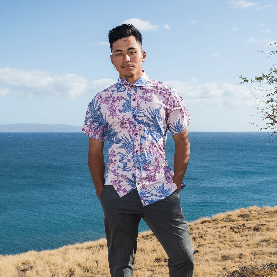 Pop-Up Mākeke - David Shepard Hawaii - Hāpuʻu ʻIlima Mauka to Makai Lavender Men&#39;s Aloha Shirt