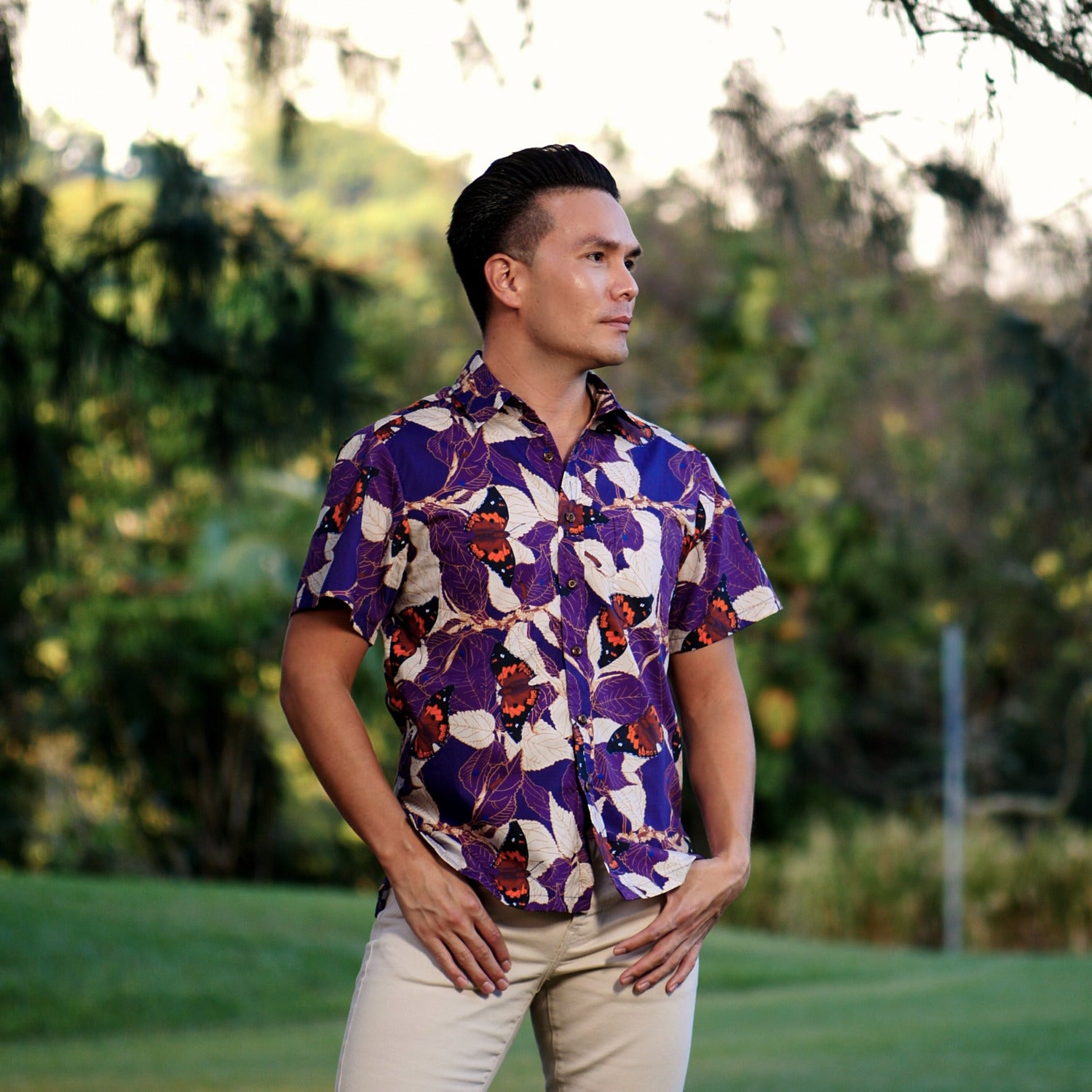 Pop-Up Mākeke - David Shepard Hawaii - Māmaki & Butterflies Men's Aloha Shirt - Outside
