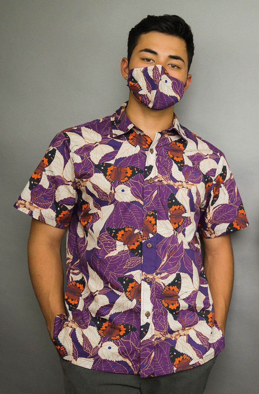 Pop-Up Mākeke - David Shepard Hawaii - Māmaki & Butterflies Men's Aloha Shirt - With Mask