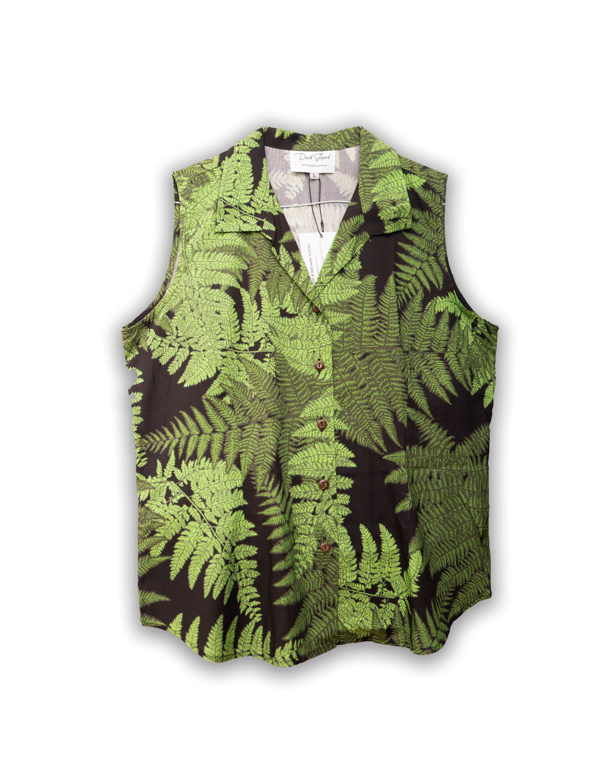 Pop-Up Mākeke - David Shepard Hawaii - Palapalai Fern Green Sleeveless Women&#39;s Aloha Shirt - Front View