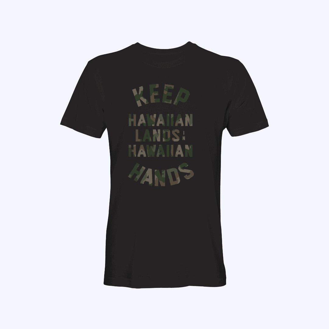 Pop-Up Mākeke - Hae Hawaii-WP - Keep Hawaiian Lands In Hawaiian Hands Camo Short-Sleeve T-Shirt - Back View