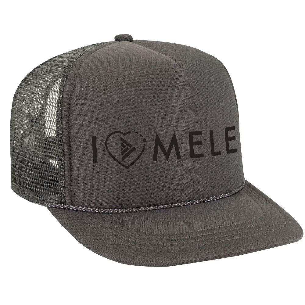 Pop-Up Mākeke - Haku Collective - I Love Mele Adult Trucker Hat - Grey &amp; Black