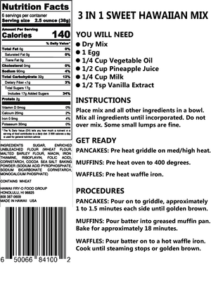Pop-Up Mākeke - Hawaii Fry-O Food Group - Hawaii Sugar Daddy Sweet Hawaiian 3 in 1 Muffin, Pancake, and Waffle Mix - Ingredients