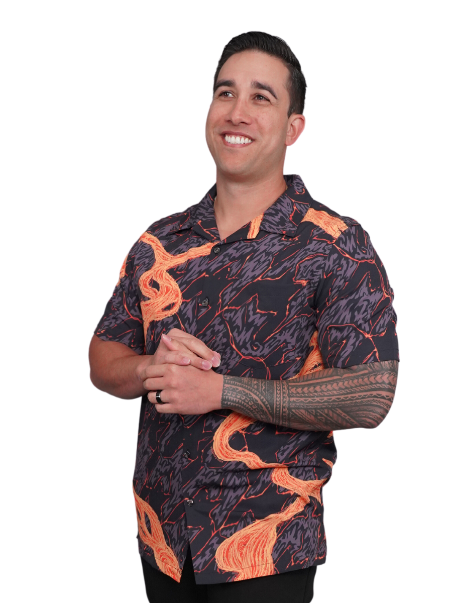 Pop-Up Mākeke - Kini Zamora - Lava Men's Aloha Shirt - Close Up