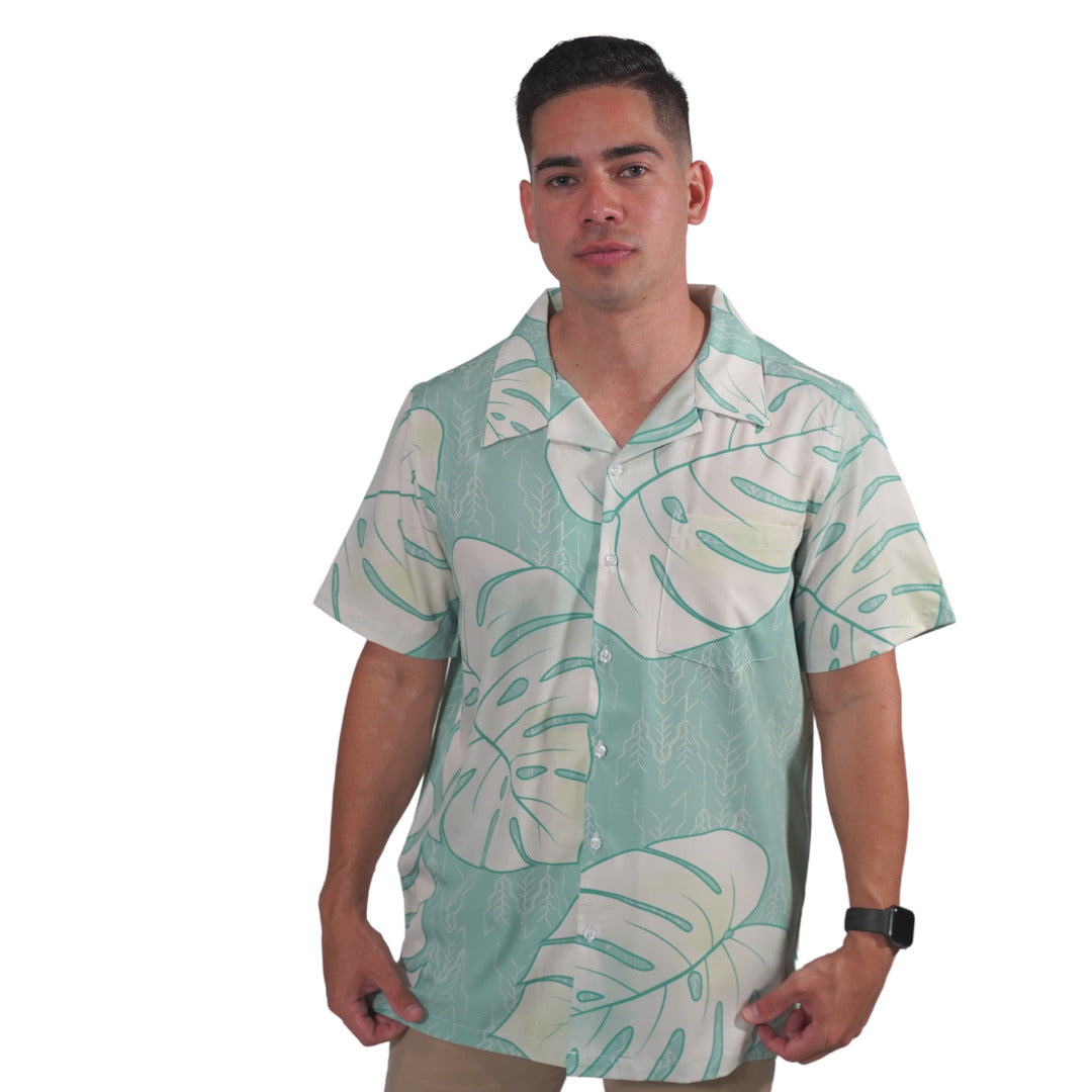 Pop-Up Mākeke - Kini Zamora - Monstera Aloha Shirt - Sage - On Model