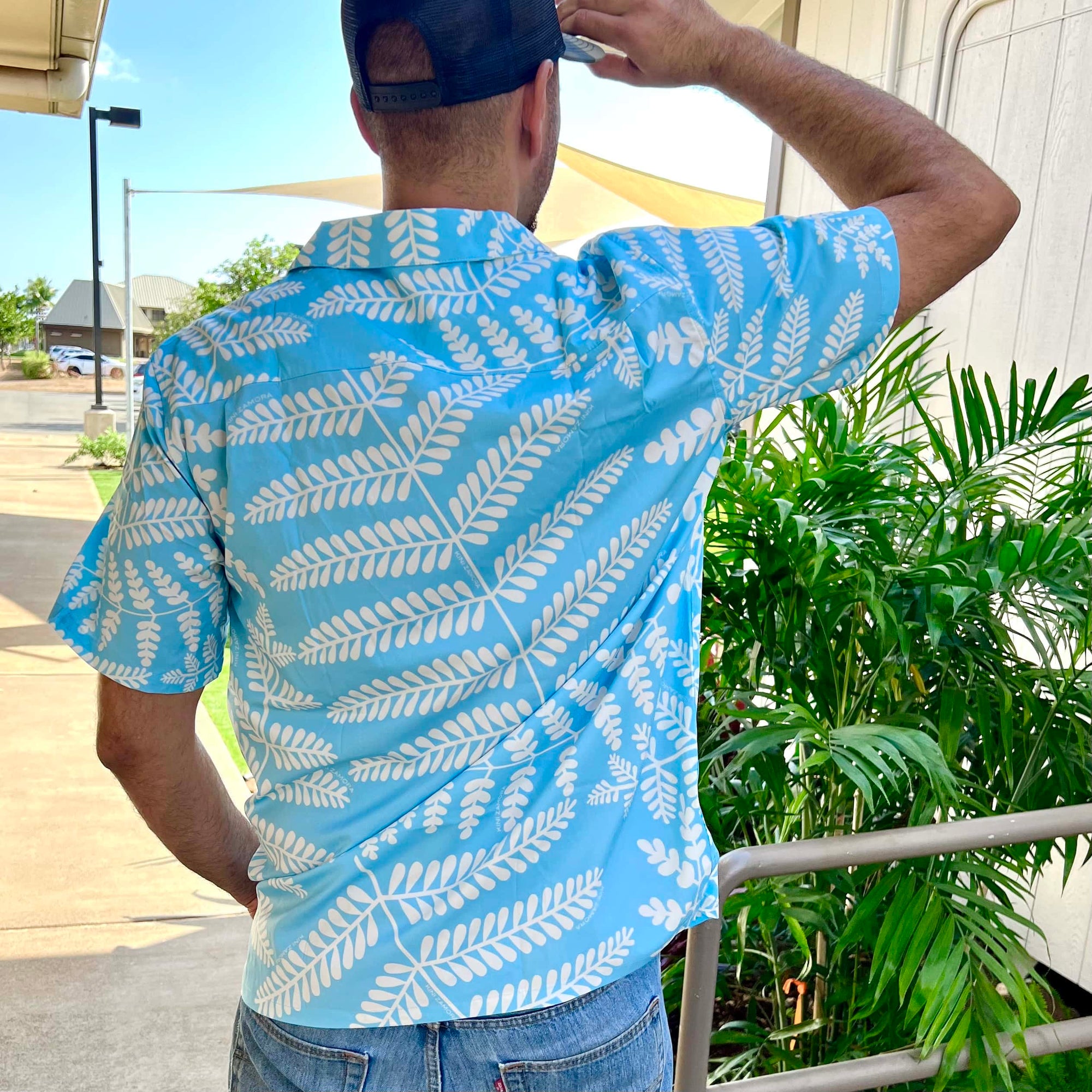 Pop-Up Mākeke - Kini Zamora - Palapalai Aloha Shirt - Sky Blue & Coconut Milk - Back View