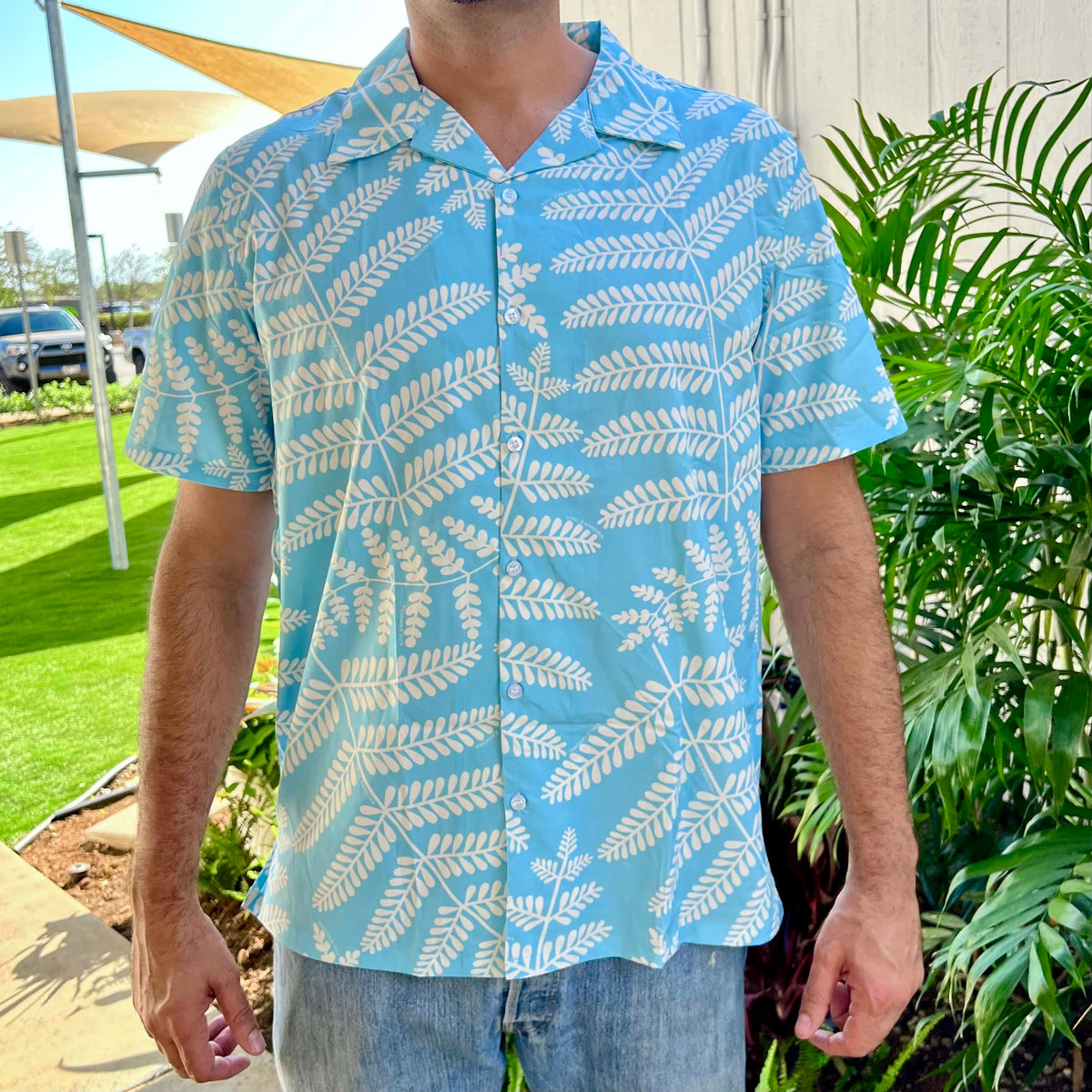Pop-Up Mākeke - Kini Zamora - Palapalai Aloha Shirt - Sky Blue &amp; Coconut Milk - Front View