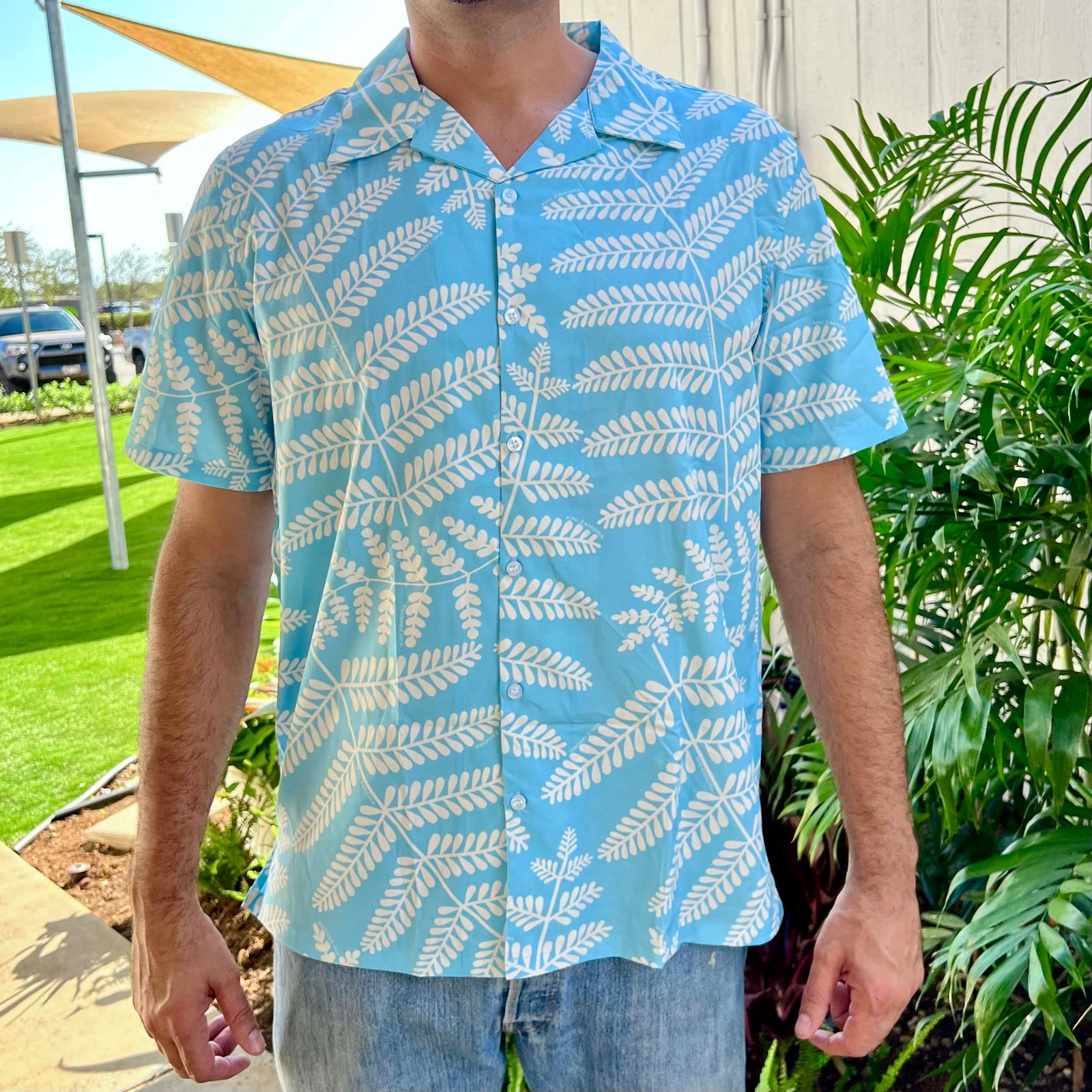 Pop-Up Mākeke - Kini Zamora - Palapalai Aloha Shirt - Sky Blue & Coconut Milk - Front View