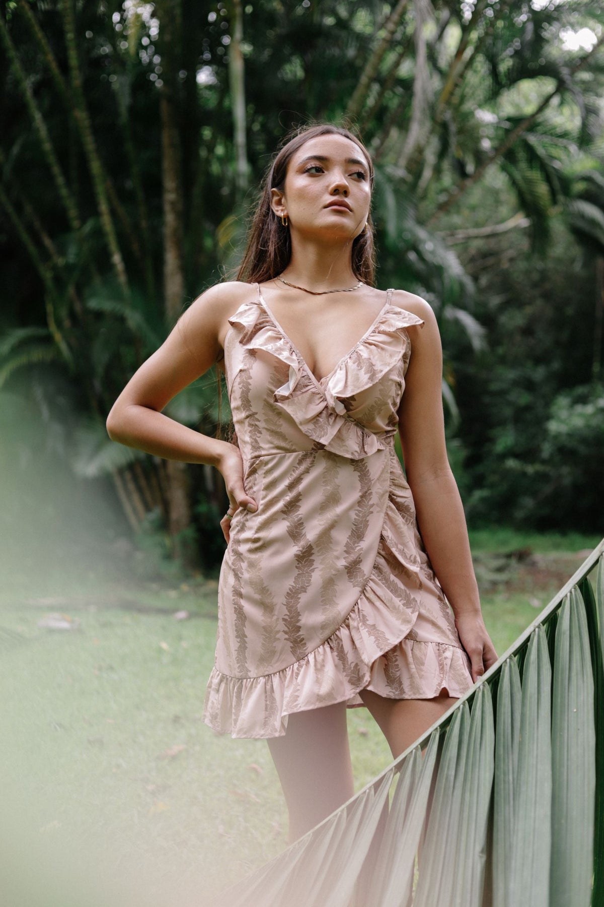 Pop-Up Mākeke - Lexbreezy Hawaii - Heʻeia Mini Wrap Dress - Aloha Lei Cocoa - Front View