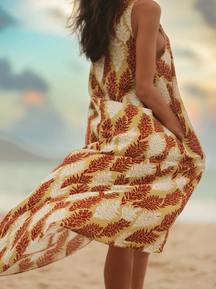 Pop-Up Mākeke - Lexbreezy Hawi'i - Kailua Hi-Lo Dress – Awapuhi in Gold & Red - Close Up