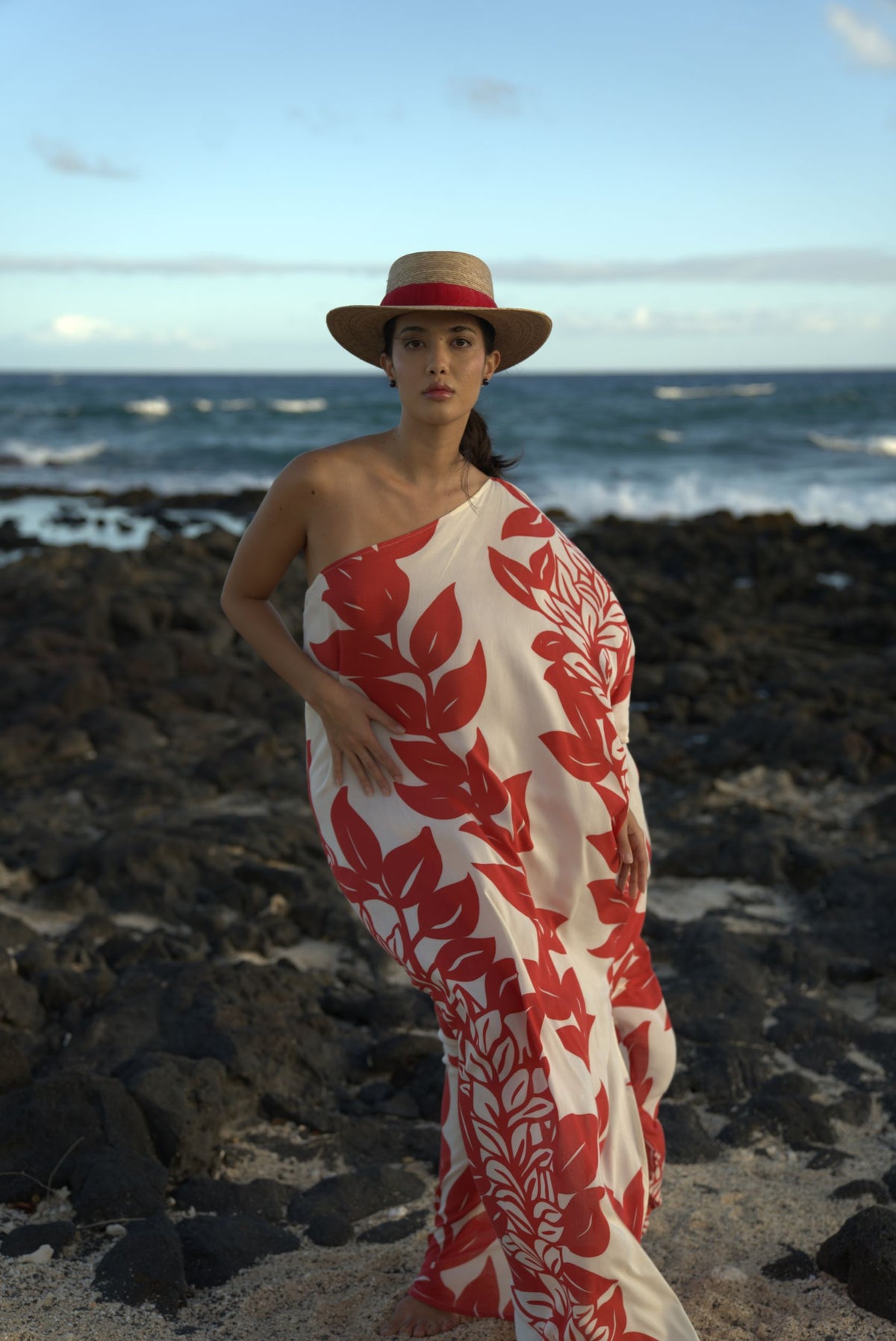 Pop-Up Mākeke - Lotus &amp; Lime - HAU One Shoulder Maxi - Maile in Red &amp; Cream - Front View