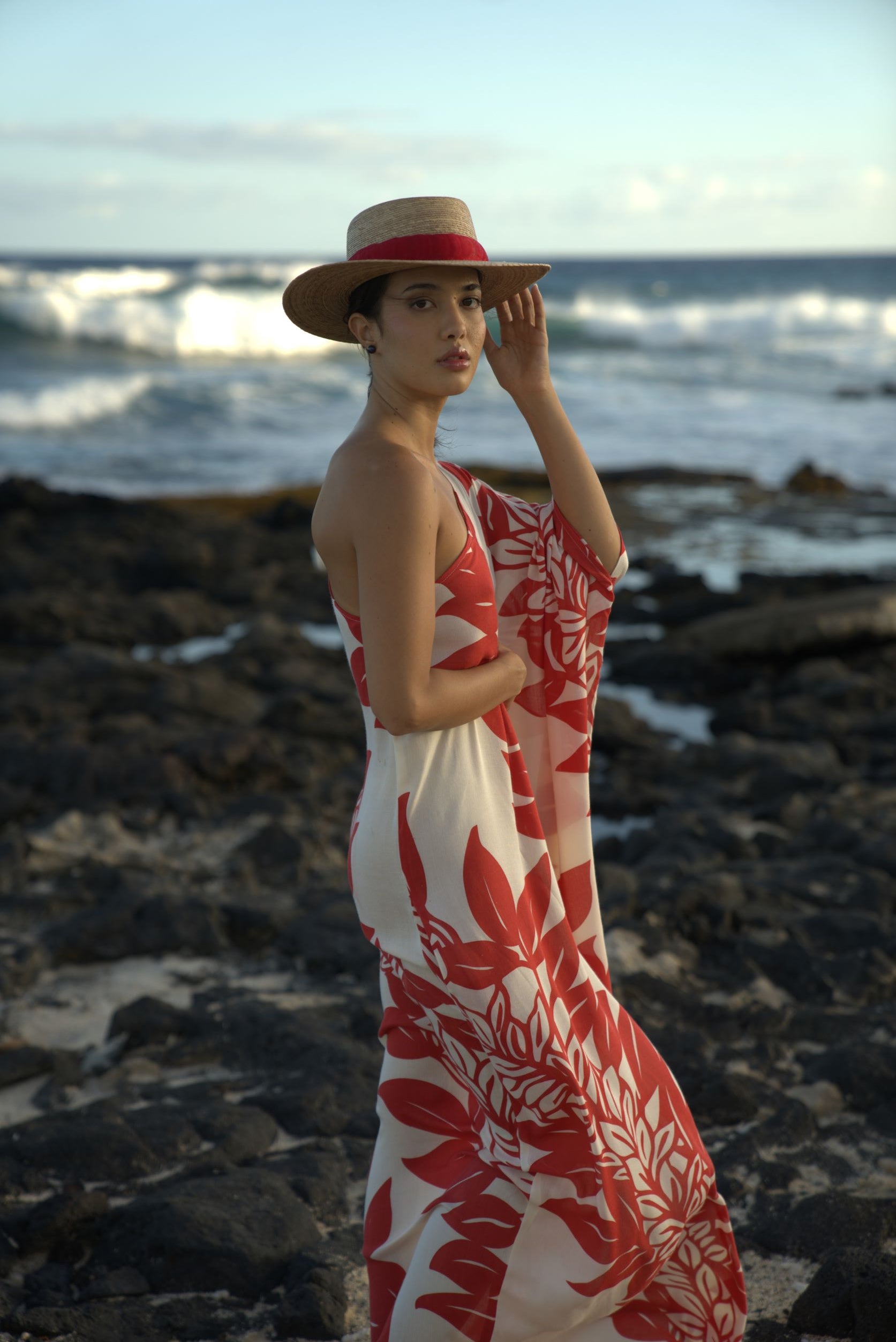 Pop-Up Mākeke - Lotus & Lime - HAU One Shoulder Maxi - Maile in Red & Cream - Side View