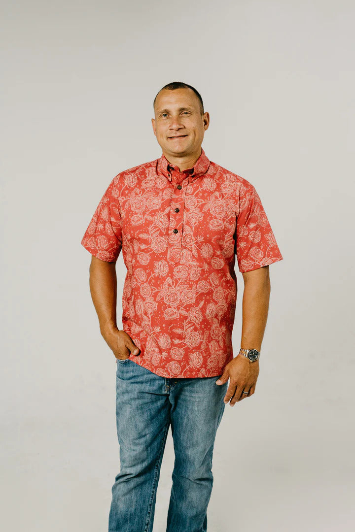 Pop-Up Mākeke - Nake&#39;u Awai -  Lokelani Pull-Over Aloha Shirt - Rose on Deep Rose