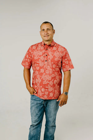 Pop-Up Mākeke - Nake'u Awai -  Lokelani Pull-Over Aloha Shirt - Rose on Deep Rose