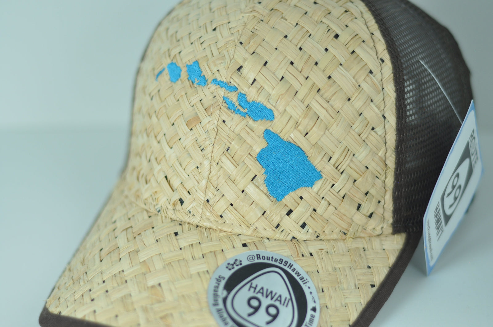 Pop-Up Mākeke- Route 99 Hawaii - Lauhala Trucker Hat with Hawaiian Islands - Blue
