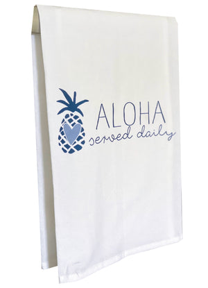 Pop-Up Mākeke - Sal Terrae - Flour Sack Kitchen Towel - Aloha Served Daily - Blue Pineapple - Side View