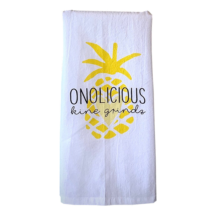 Pop-Up Mākeke - Sal Terrae - Flour Sack Kitchen Towel - Onolicious Kine Grindz - Yellow Pineapple - Front View