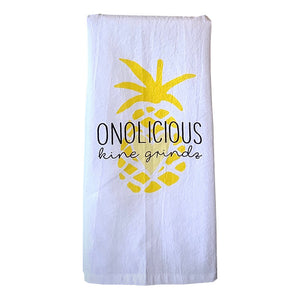 Pop-Up Mākeke - Sal Terrae - Flour Sack Kitchen Towel - Onolicious Kine Grindz - Yellow Pineapple - Front View